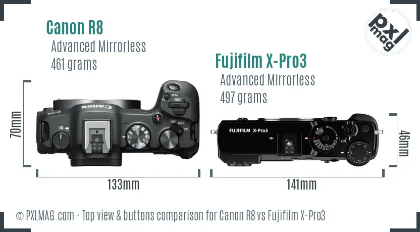 Canon R8 vs Fujifilm X-Pro3 top view buttons comparison