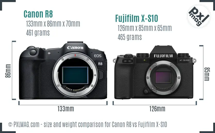 Canon R8 vs Fujifilm X-S10 size comparison