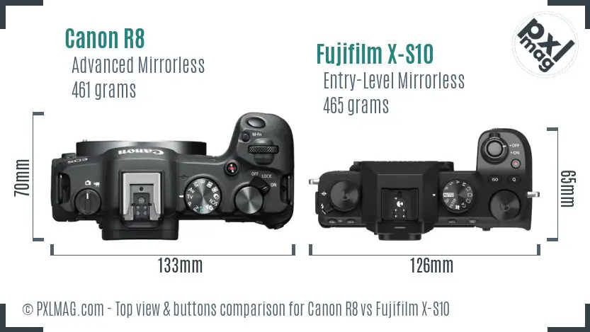 Canon R8 vs Fujifilm X-S10 top view buttons comparison