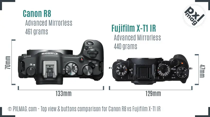 Canon R8 vs Fujifilm X-T1 IR top view buttons comparison