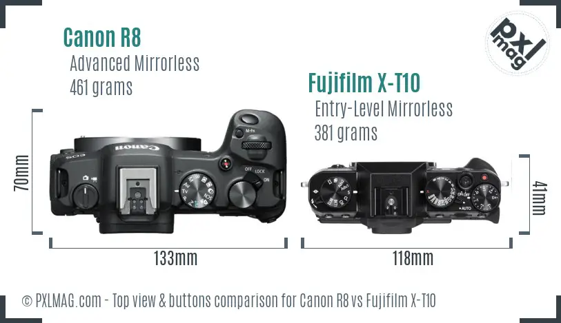Canon R8 vs Fujifilm X-T10 top view buttons comparison Canon R8 vs Fujifilm X-T10 top view buttons comparison