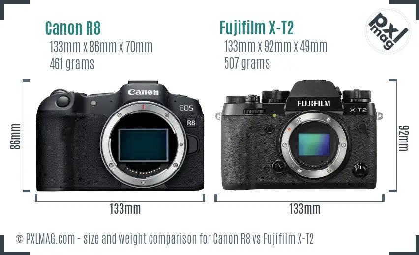 Canon R8 vs Fujifilm X-T2 size comparison