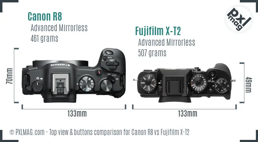 Canon R8 vs Fujifilm X-T2 top view buttons comparison