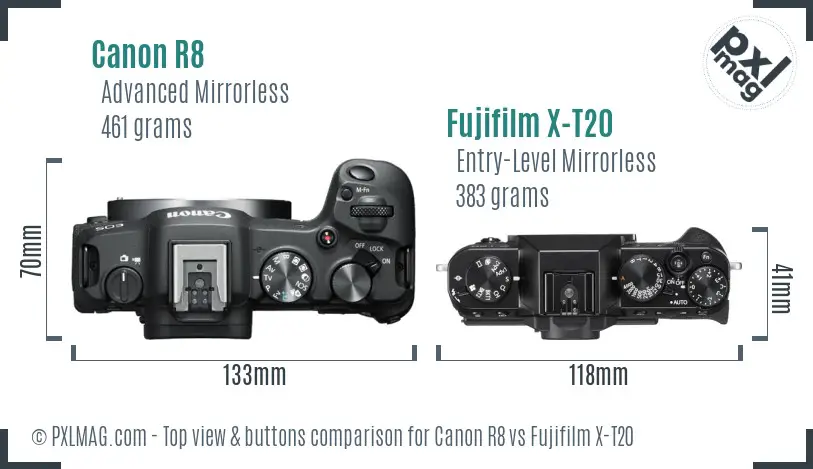 Canon R8 vs Fujifilm X-T20 top view buttons comparison