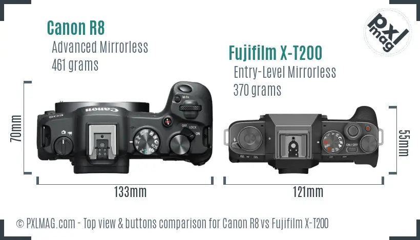 Canon R8 vs Fujifilm X-T200 top view buttons comparison