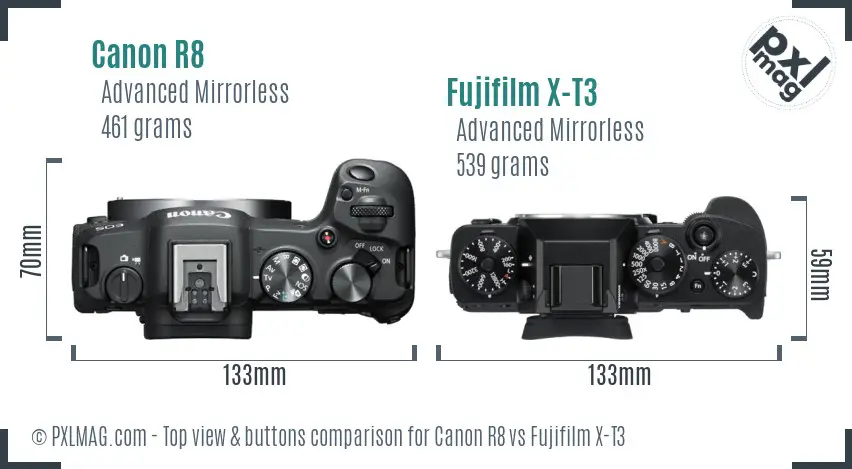 Canon R8 vs Fujifilm X-T3 top view buttons comparison