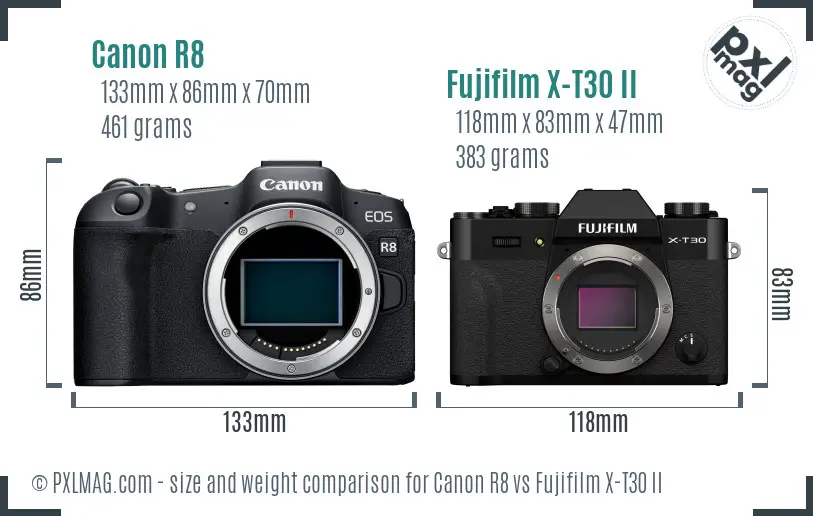 Canon R8 vs Fujifilm X-T30 II size comparison