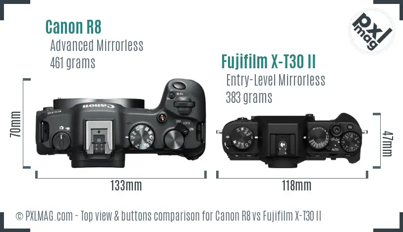 Canon R8 vs Fujifilm X-T30 II top view buttons comparison