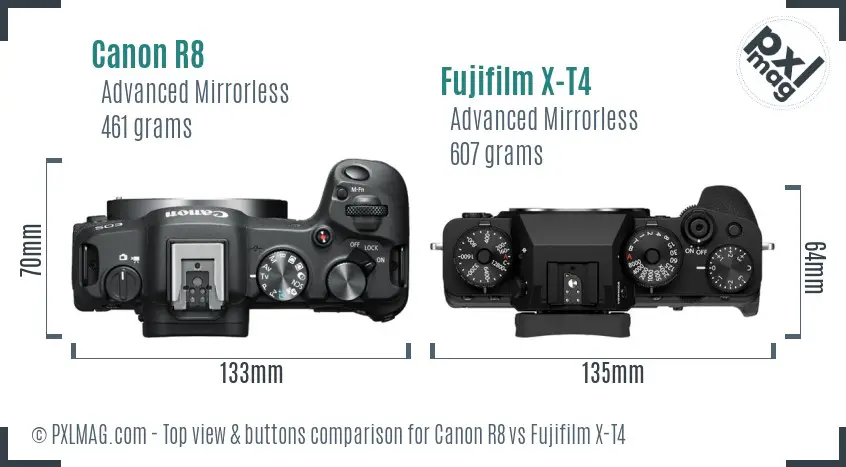 Canon R8 vs Fujifilm X-T4 top view buttons comparison