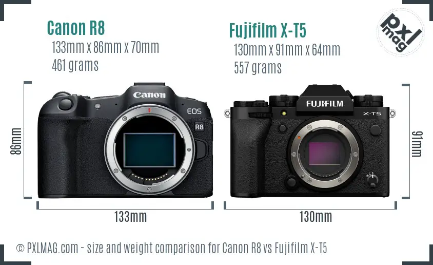 Canon R8 vs Fujifilm X-T5 size comparison
