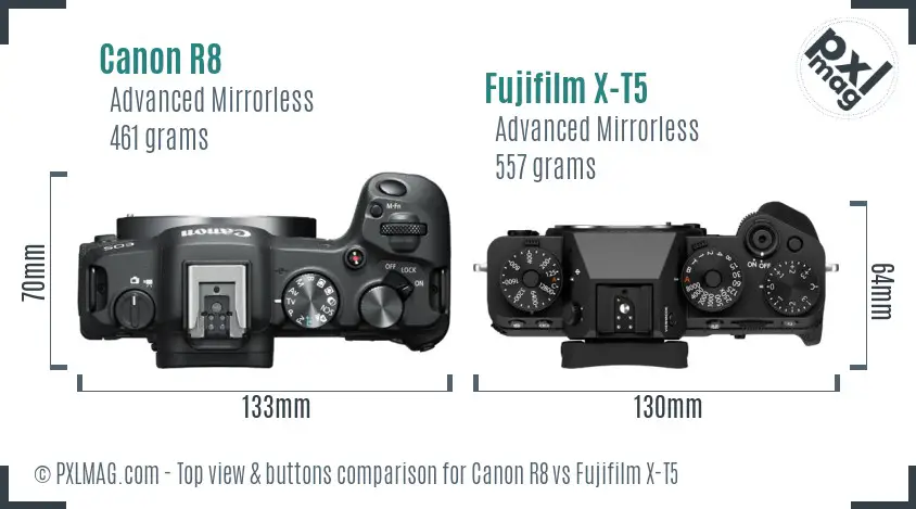 Canon R8 vs Fujifilm X-T5 top view buttons comparison