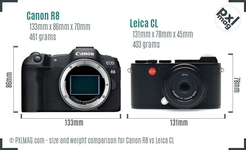 Canon R8 vs Leica CL size comparison