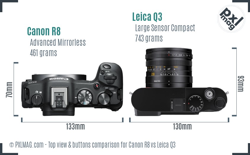 Canon R8 vs Leica Q3 top view buttons comparison