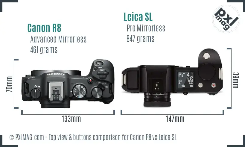 Canon R8 vs Leica SL top view buttons comparison