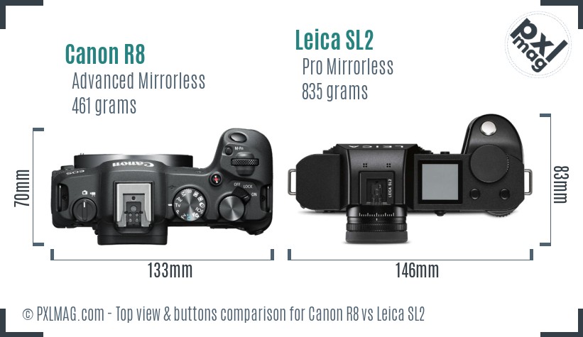 Canon R8 vs Leica SL2 top view buttons comparison