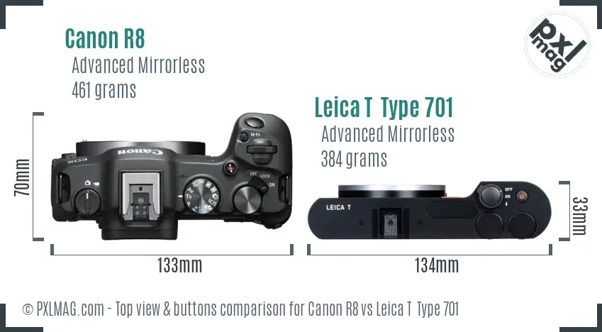 Canon R8 vs Leica T  Type 701 top view buttons comparison