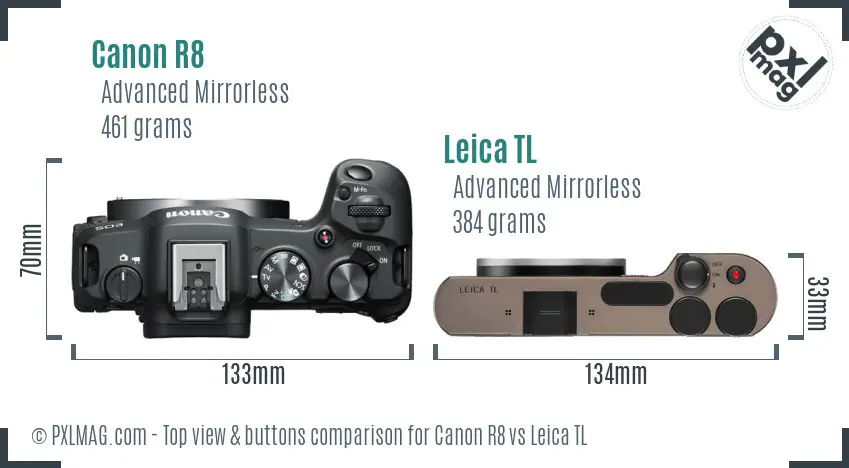 Canon R8 vs Leica TL top view buttons comparison