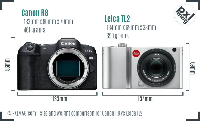 Canon R8 vs Leica TL2 size comparison