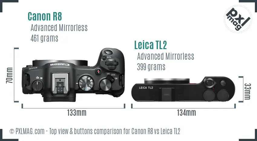 Canon R8 vs Leica TL2 top view buttons comparison
