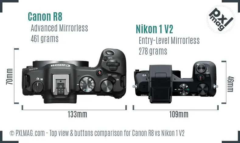 Canon R8 vs Nikon 1 V2 top view buttons comparison
