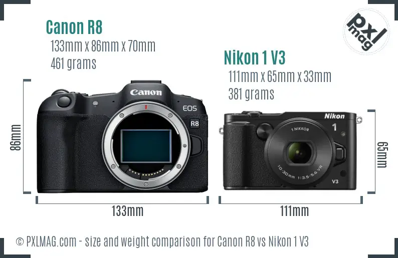 Canon R8 vs Nikon 1 V3 size comparison