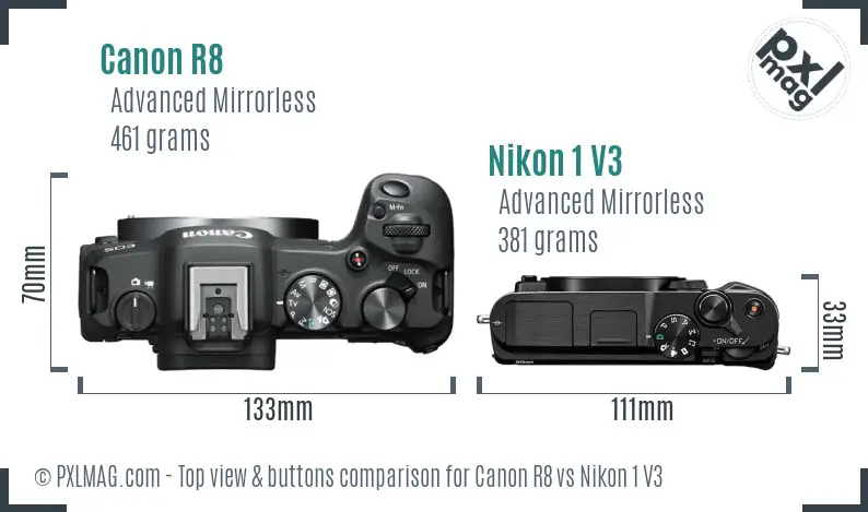 Canon R8 vs Nikon 1 V3 top view buttons comparison