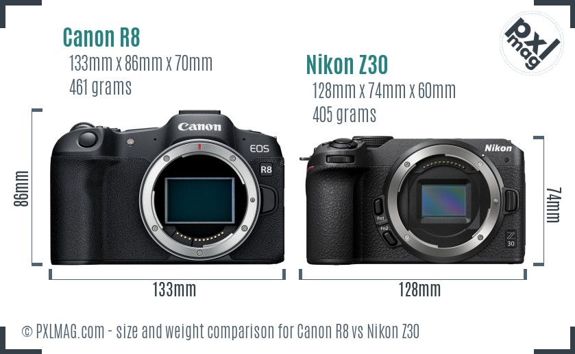 Canon R8 vs Nikon Z30 size comparison