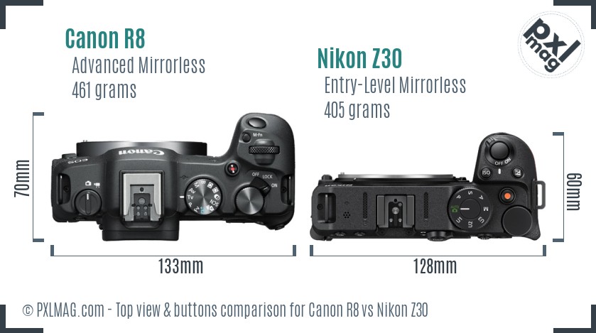 Canon R8 vs Nikon Z30 top view buttons comparison