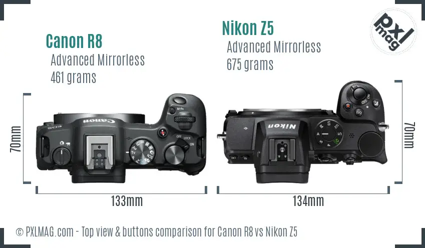 Canon R8 vs Nikon Z5 top view buttons comparison