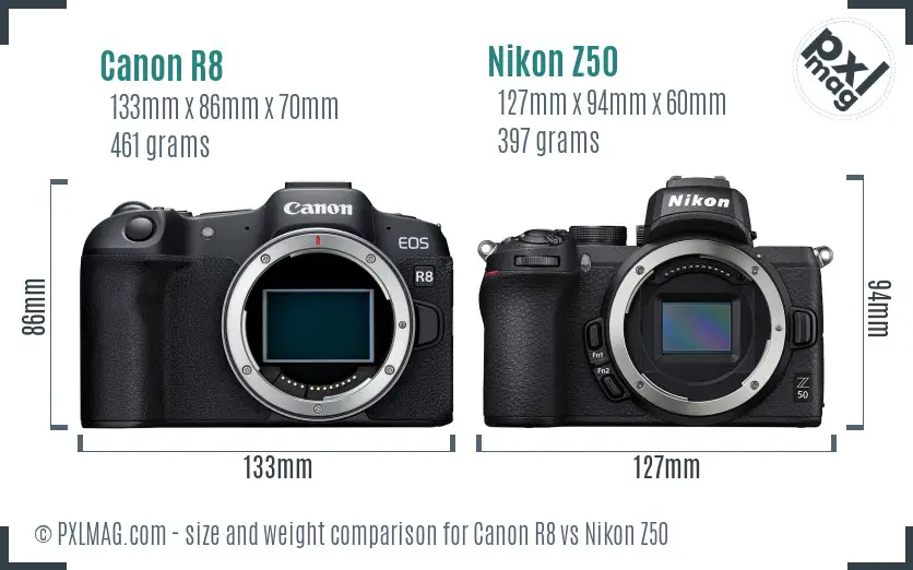 Canon R8 vs Nikon Z50 size comparison