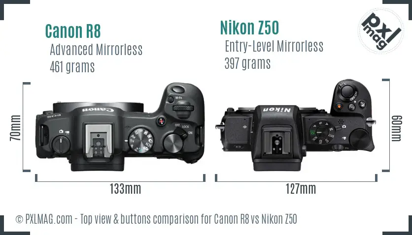 Canon R8 vs Nikon Z50 top view buttons comparison