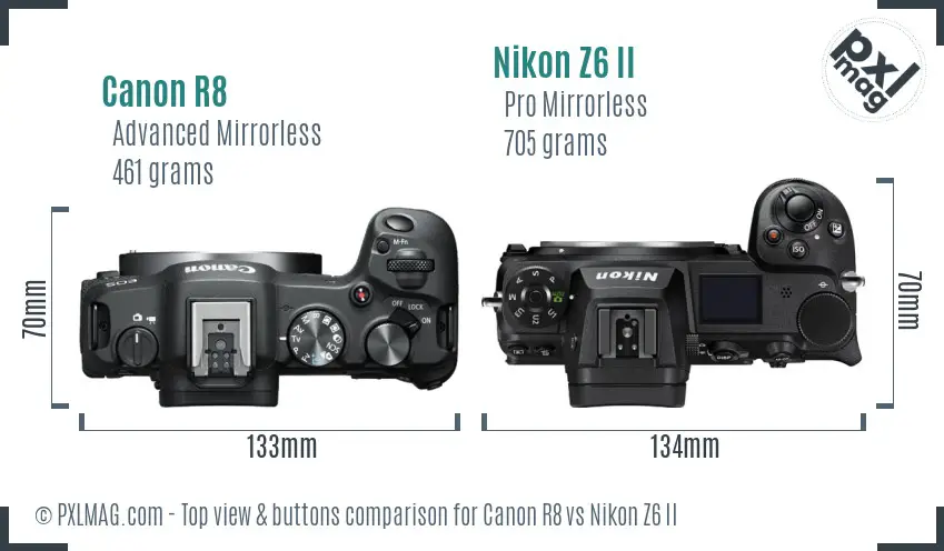 Canon R8 vs Nikon Z6 II top view buttons comparison