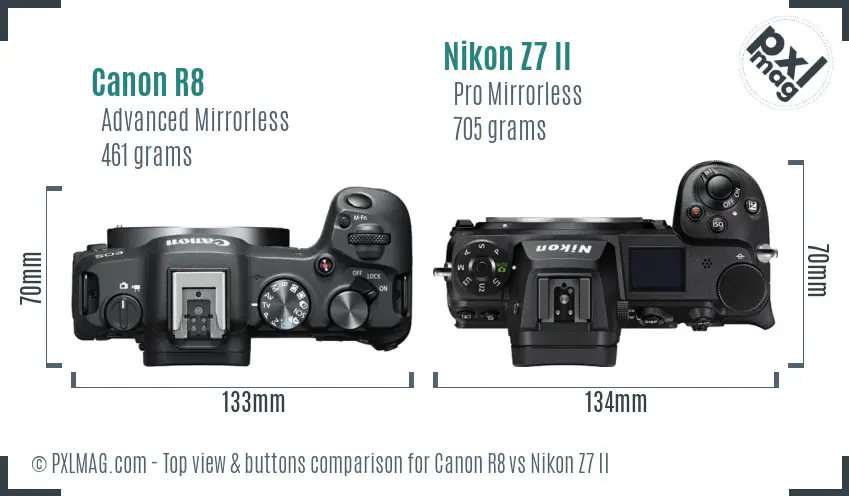 Canon R8 vs Nikon Z7 II top view buttons comparison