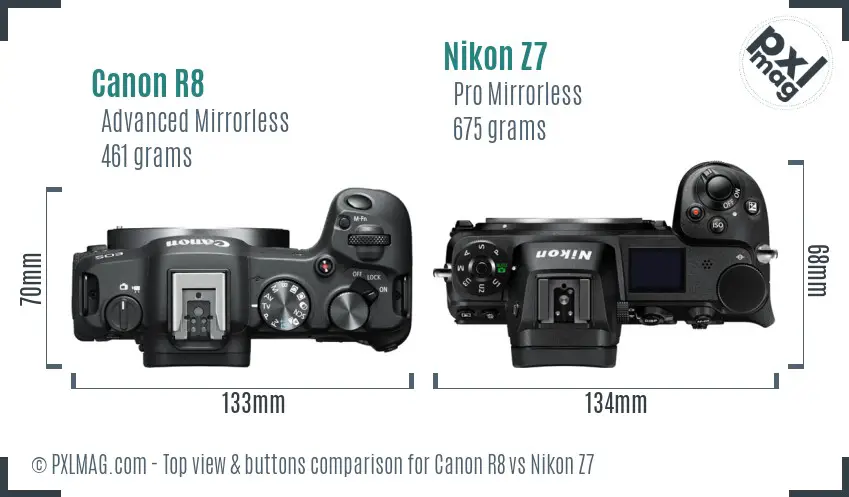 Canon R8 vs Nikon Z7 top view buttons comparison