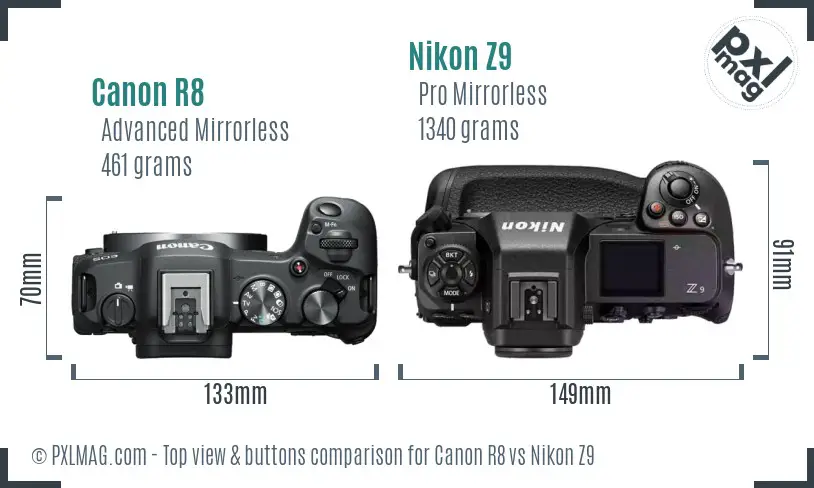 Canon R8 vs Nikon Z9 top view buttons comparison