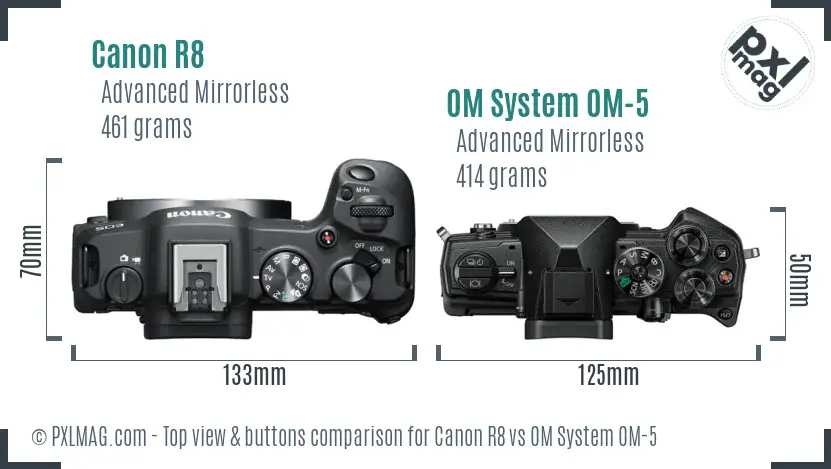 Canon R8 vs OM System OM-5 top view buttons comparison