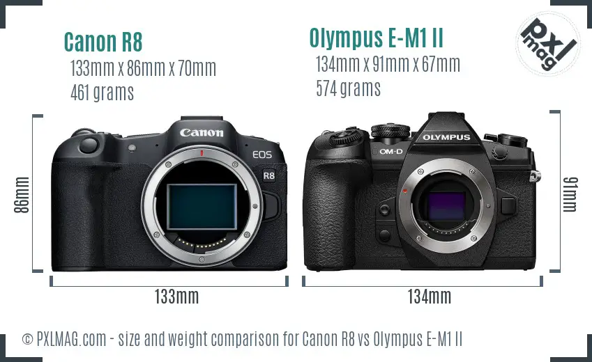 Canon R8 vs Olympus E-M1 II size comparison Canon R8 vs Olympus E-M1 II size comparison