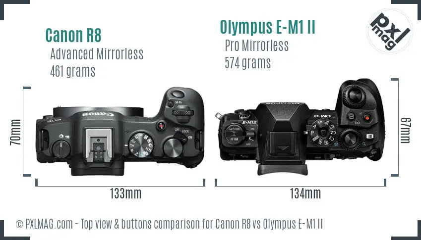 Canon R8 vs Olympus E-M1 II top view buttons comparison Canon R8 vs Olympus E-M1 II top view buttons comparison