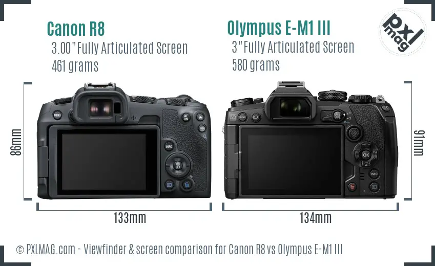 Canon R8 vs Olympus E-M1 III Screen and Viewfinder comparison