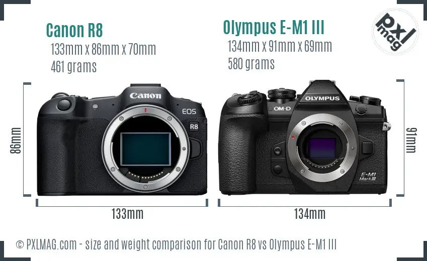 Canon R8 vs Olympus E-M1 III size comparison