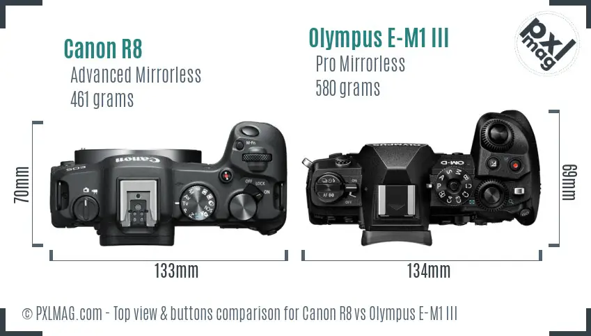 Canon R8 vs Olympus E-M1 III top view buttons comparison