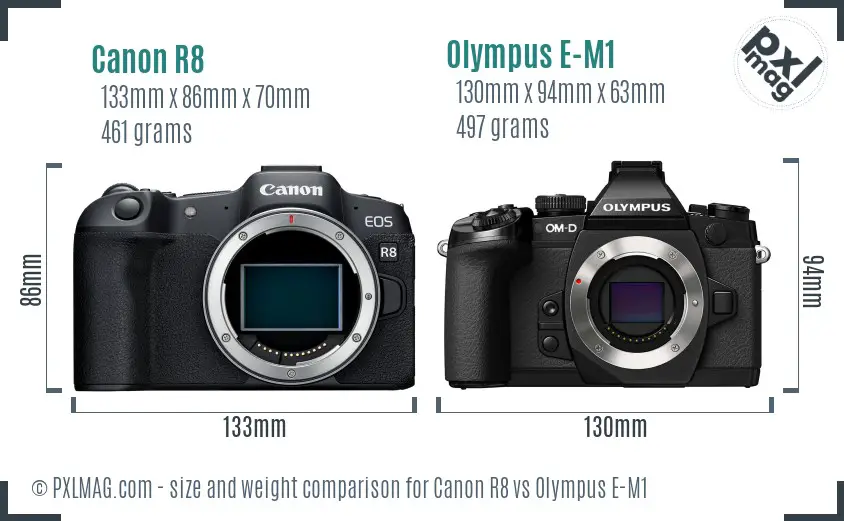 Canon R8 vs Olympus E-M1 size comparison Canon R8 vs Olympus E-M1 size comparison