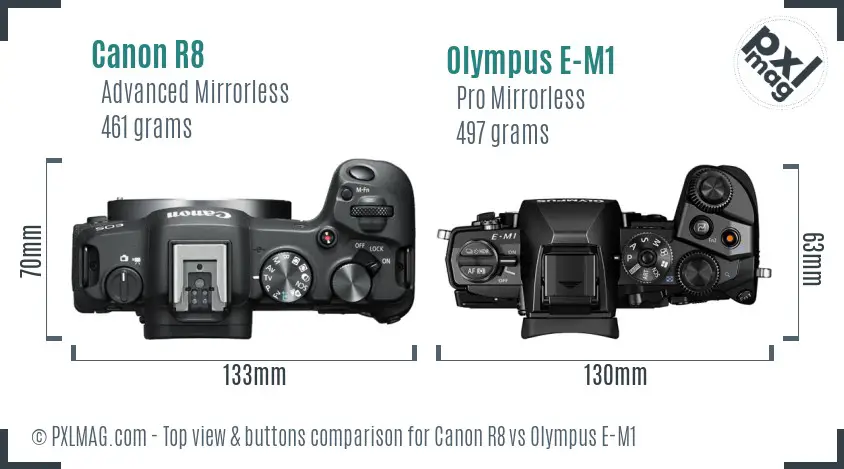 Canon R8 vs Olympus E-M1 top view buttons comparison Canon R8 vs Olympus E-M1 top view buttons comparison