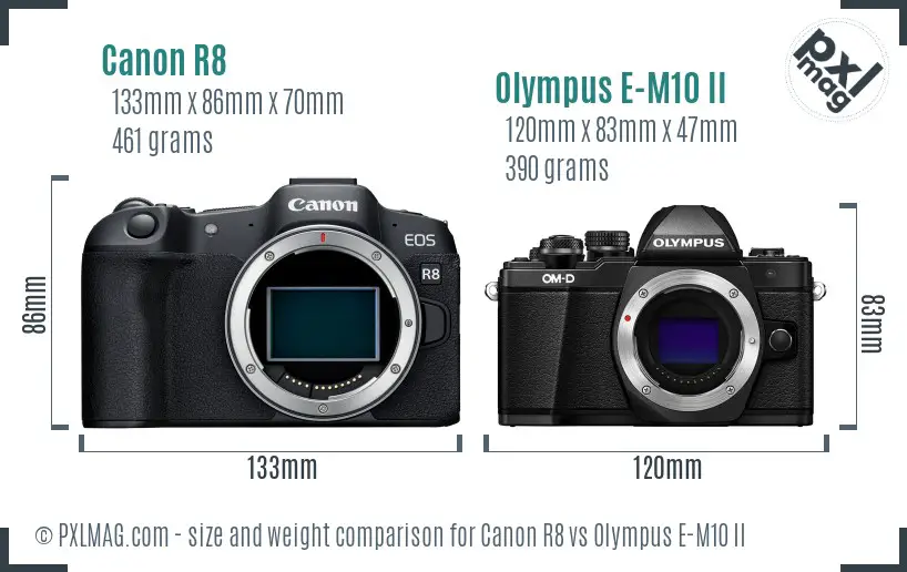 Canon R8 vs Olympus E-M10 II size comparison