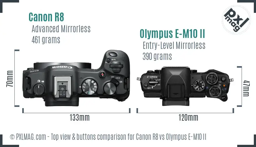 Canon R8 vs Olympus E-M10 II top view buttons comparison