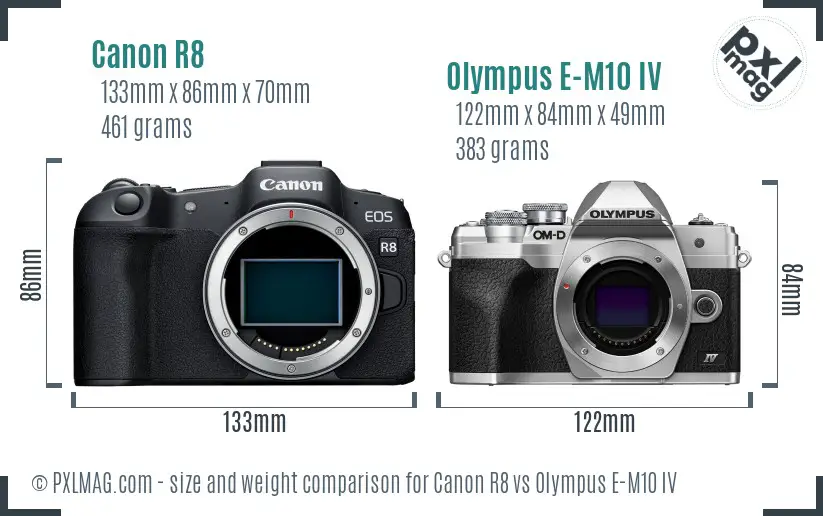 Canon R8 vs Olympus E-M10 IV size comparison