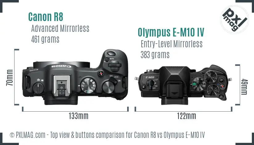 Canon R8 vs Olympus E-M10 IV top view buttons comparison