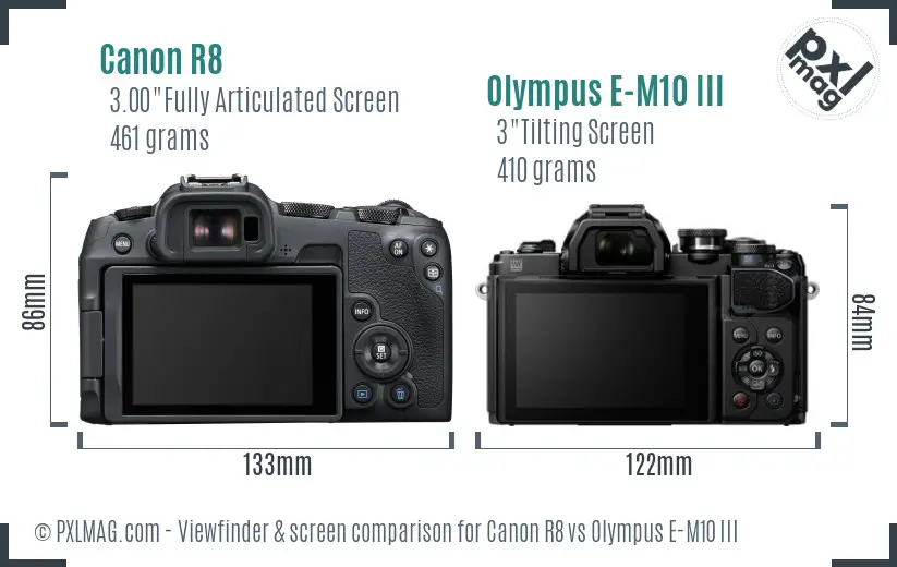 Canon R8 vs Olympus E-M10 III Screen and Viewfinder comparison