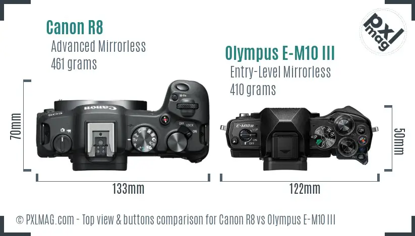 Canon R8 vs Olympus E-M10 III top view buttons comparison