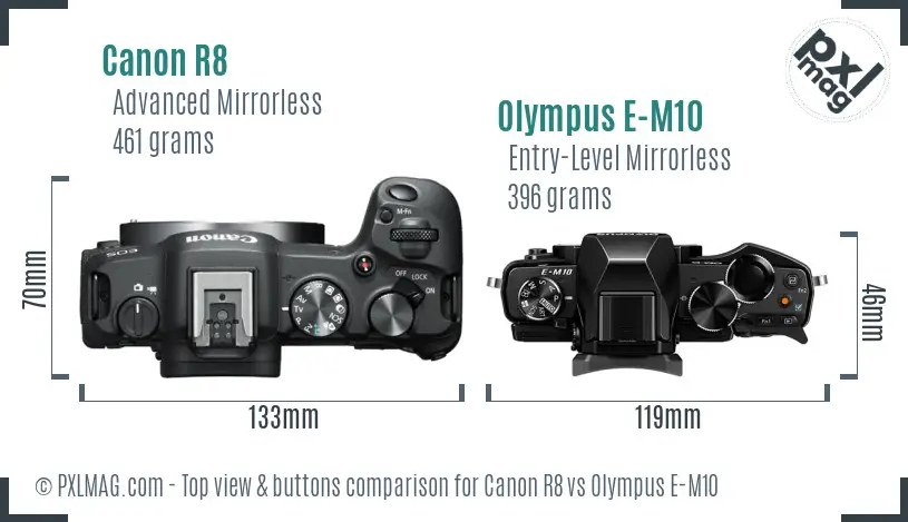 Canon R8 vs Olympus E-M10 top view buttons comparison